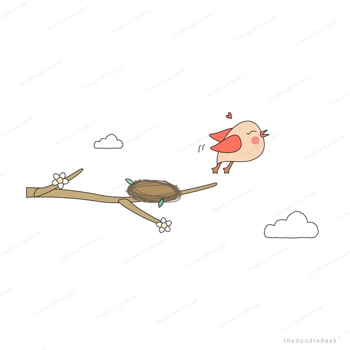 Bird flying to a nest on a bare branch