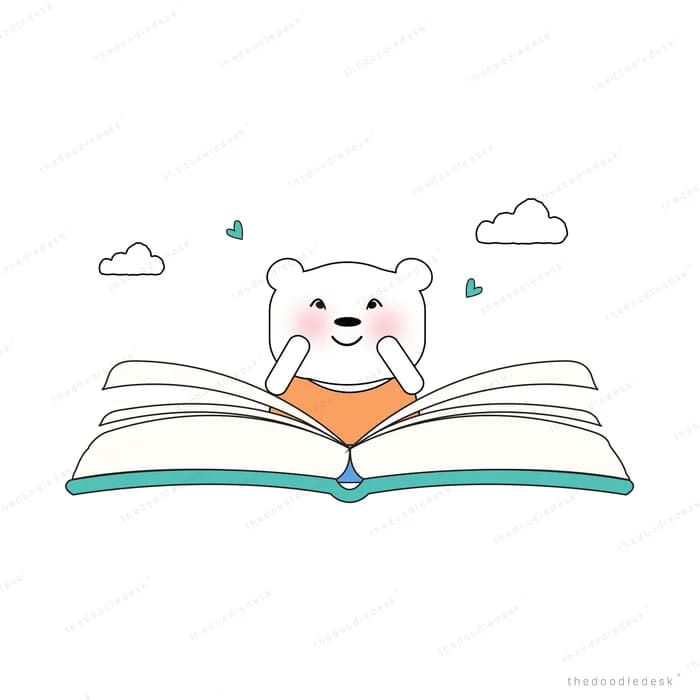 Bear reading an open book that fills the frame