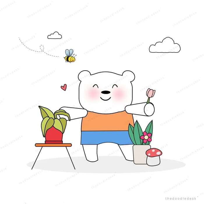 Bear cooking with fresh vegetables around him
