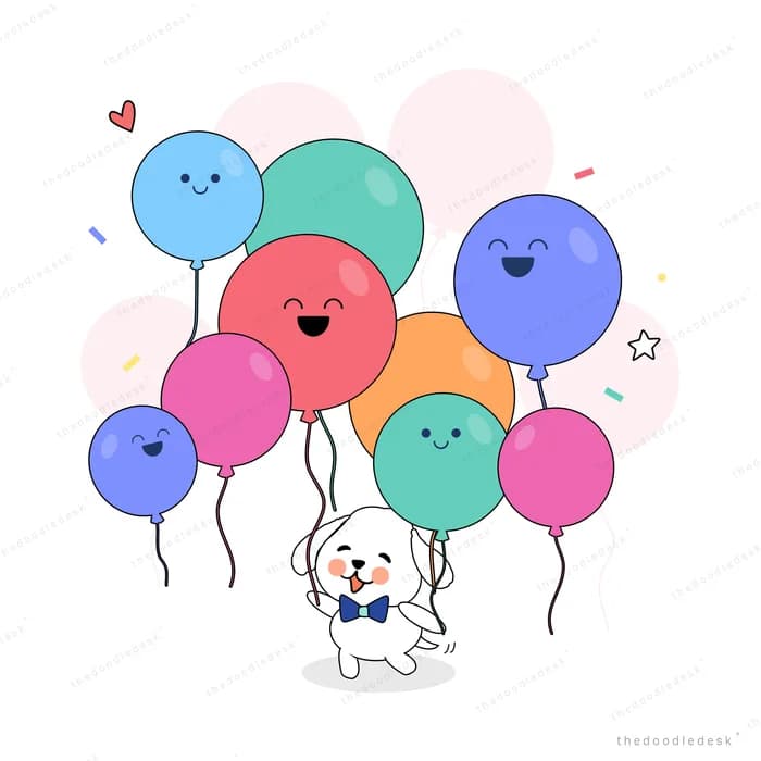 Dog holding a bunch of smiling face balloons
