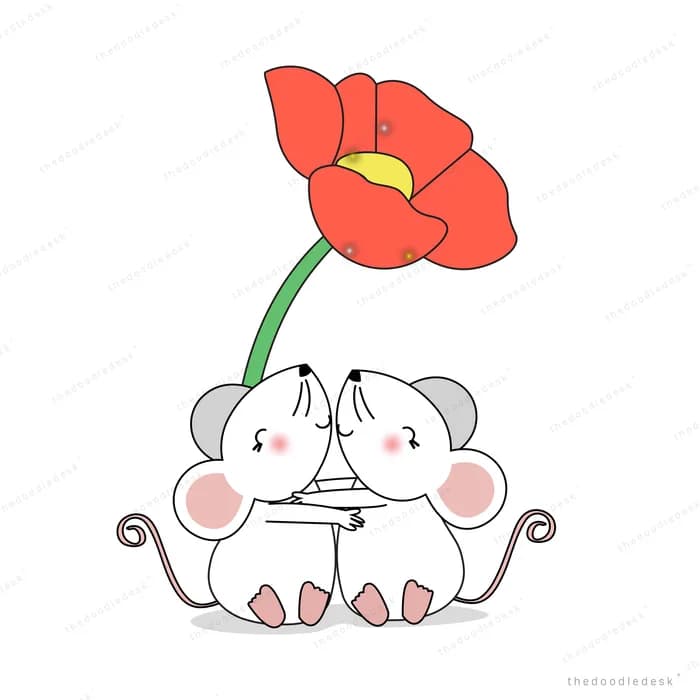 Two pigs sheltering under a large red poppy