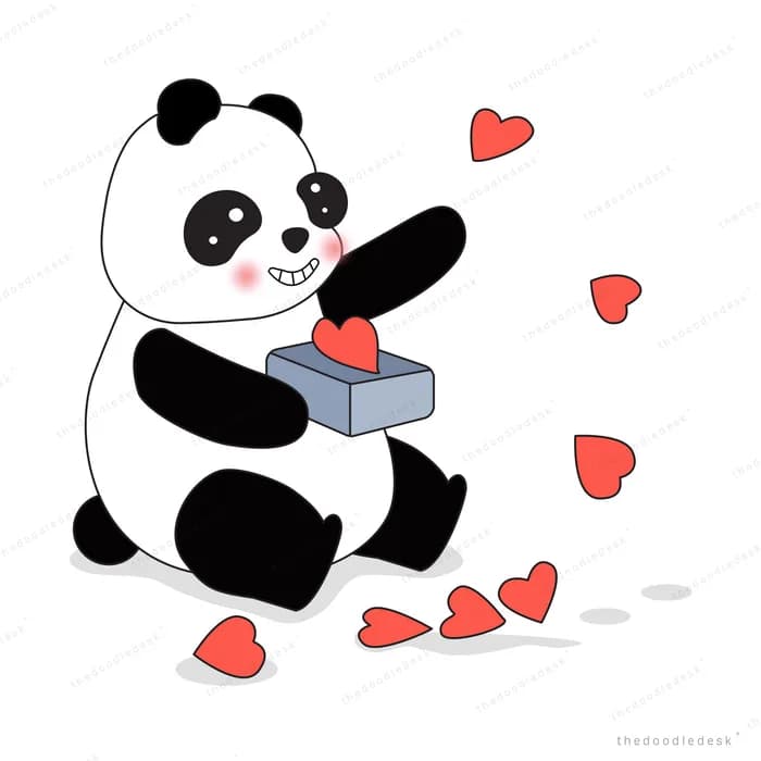Panda sitting with a wrapped gift and floating hearts