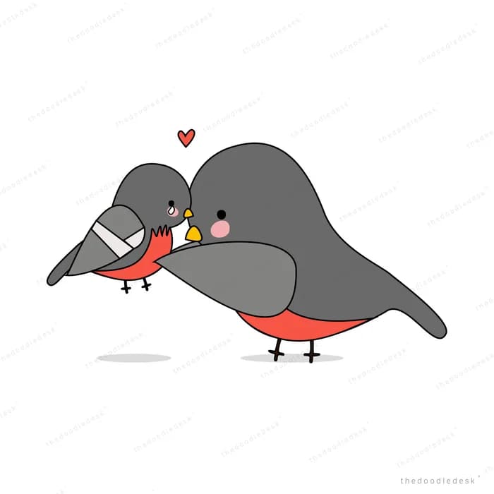 Grey bird with a long beak and floating hearts