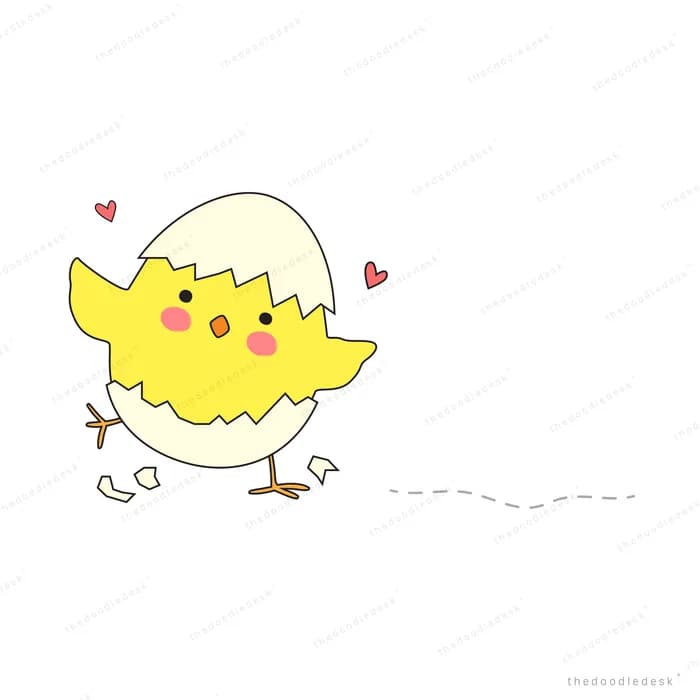 Yellow chick running with hearts trailing behind