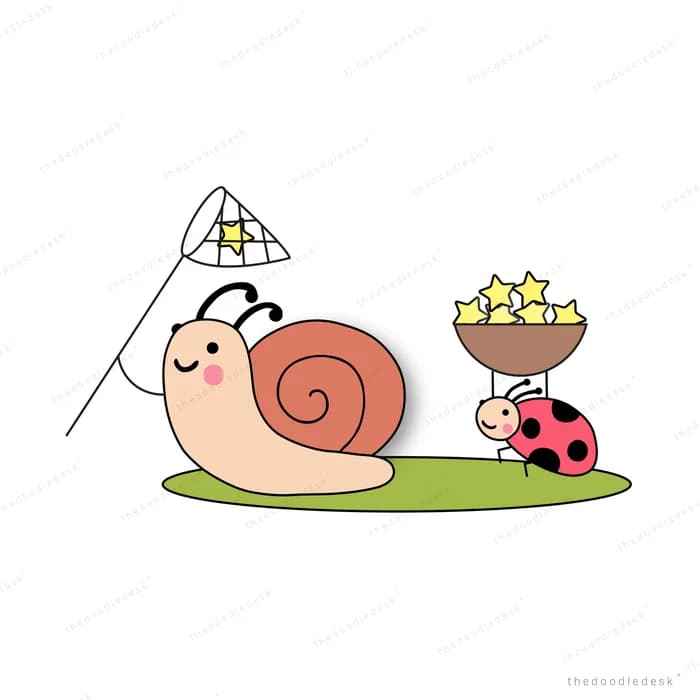 Crowned snail with a ladybug holding a small flag