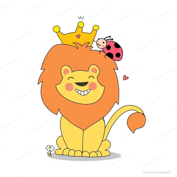 Lion wearing a crown with a ladybug on its mane