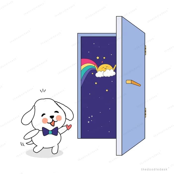Dog standing at an open door revealing a starry rainbow sky