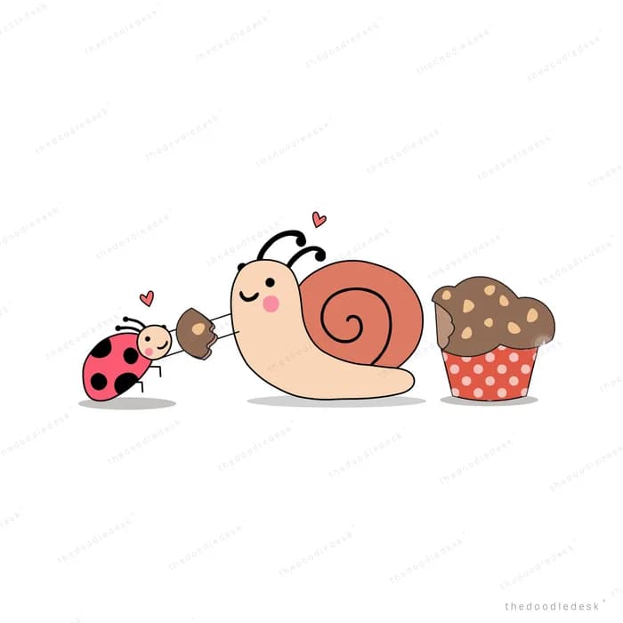 Snail and ladybug beside a cupcake