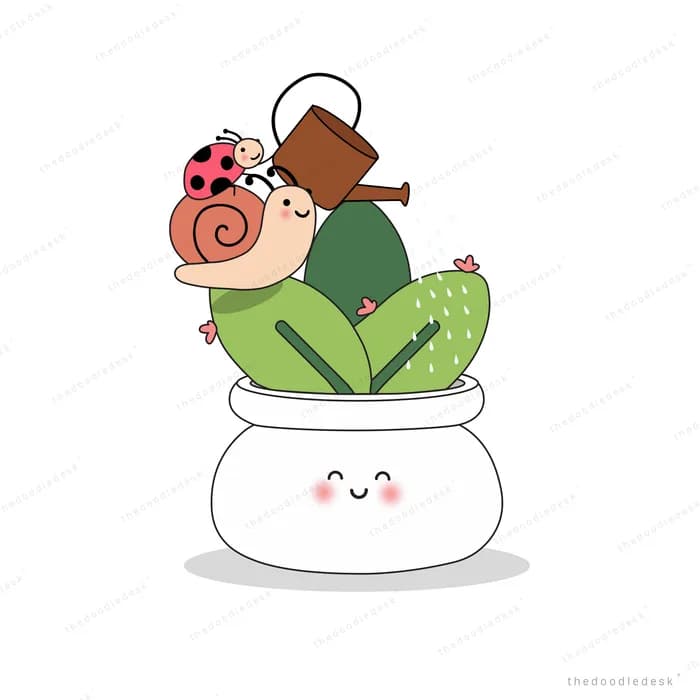 Snail climbing a smiling potted succulent