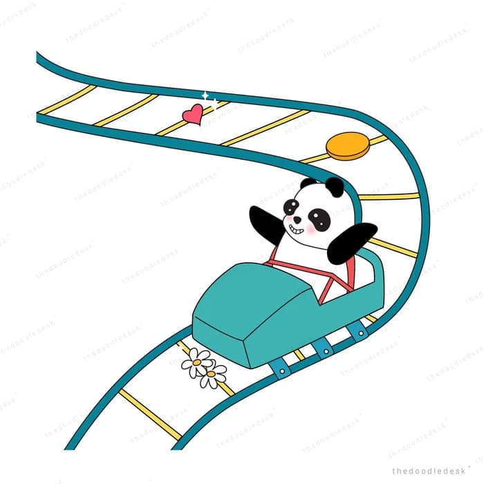 Panda riding a roller coaster car along a winding track