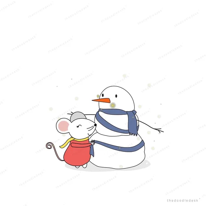 Mouse building a snowman in falling snow