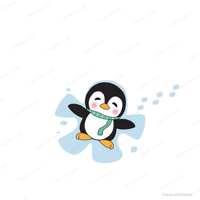 Penguin in a scarf making a snow angel