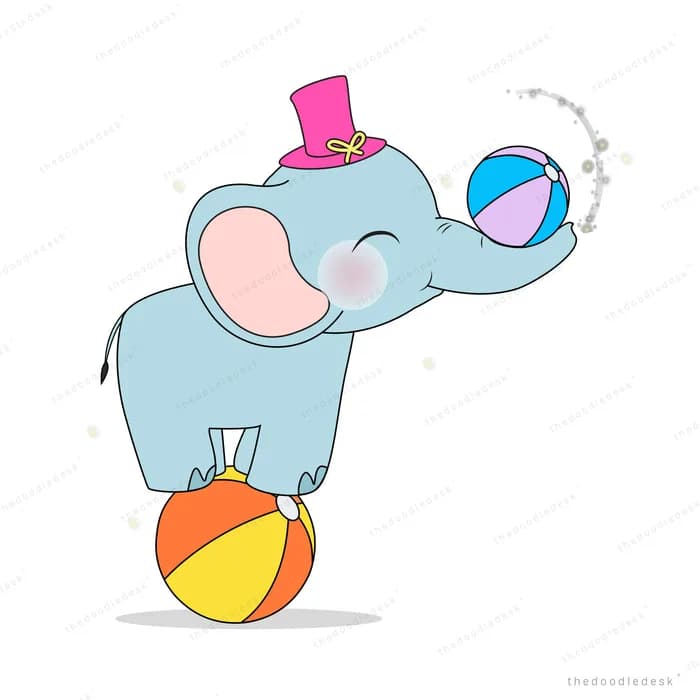 Circus elephant in a top hat balancing on a ball