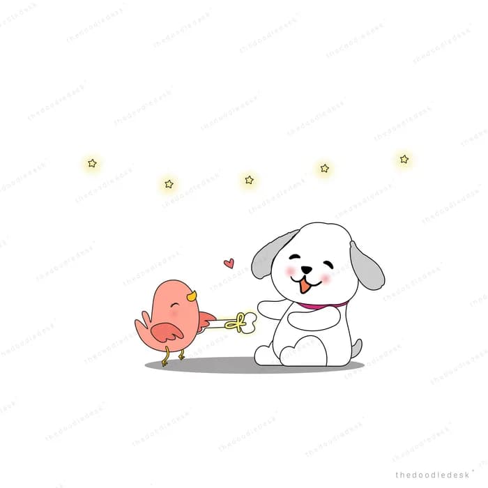 Dog greeting a small bird with sparkles around
