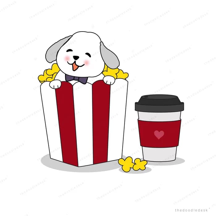 Dog inside a popcorn tub beside a coffee cup