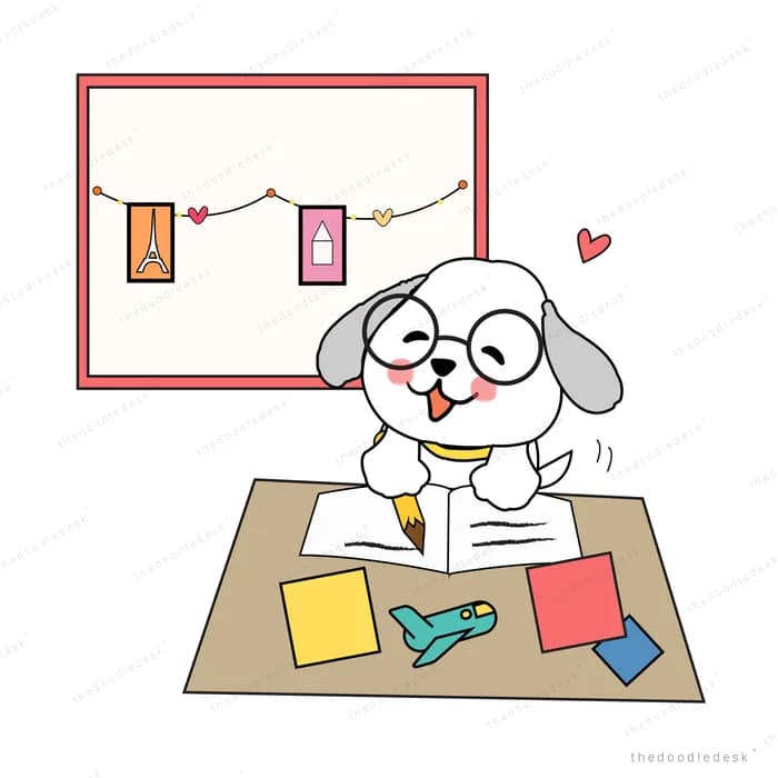 Dog at a craft table below a photo display board