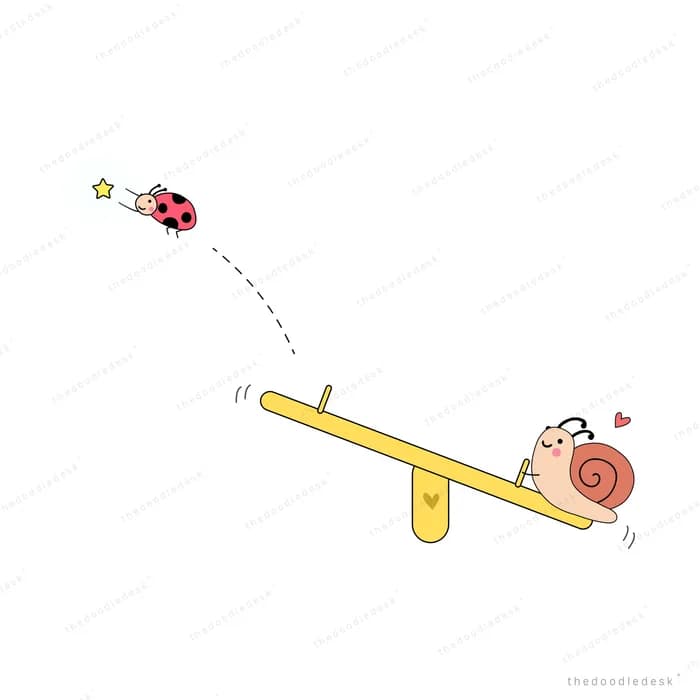 Snail and ladybug at opposite ends of a seesaw