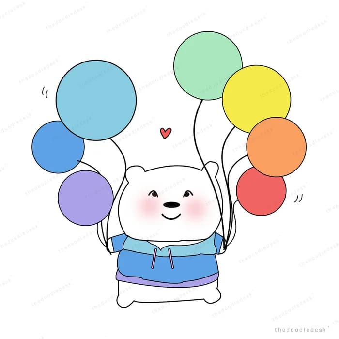 Rabbit holding a bunch of colourful balloons