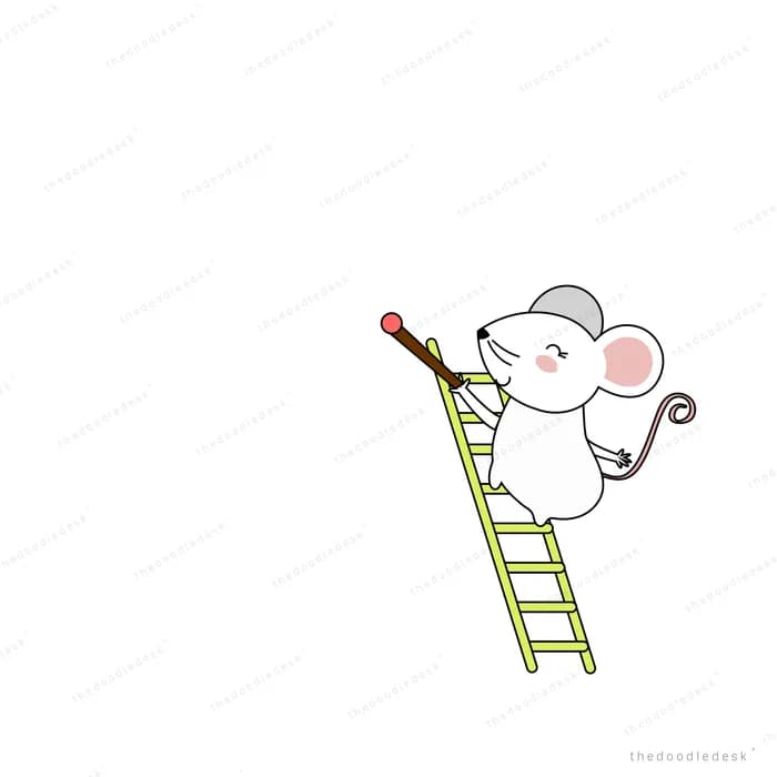 Mouse climbing a green ladder toward a flag