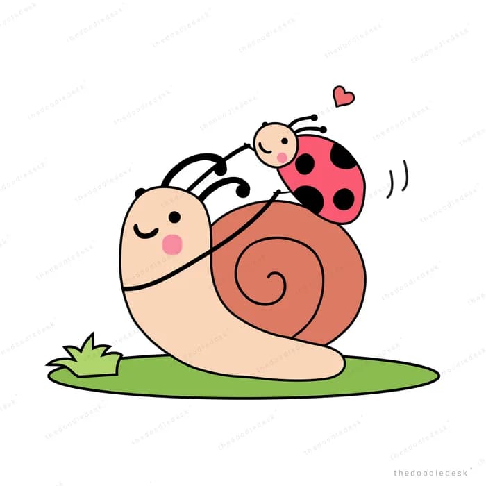 Snail carrying a ladybug on its shell across grass