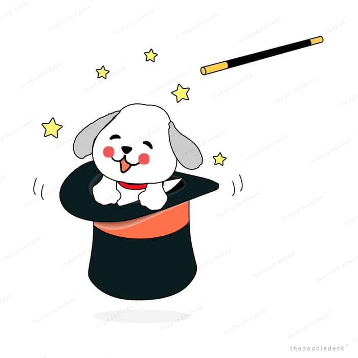 Dog appearing from a magician's top hat with a wand