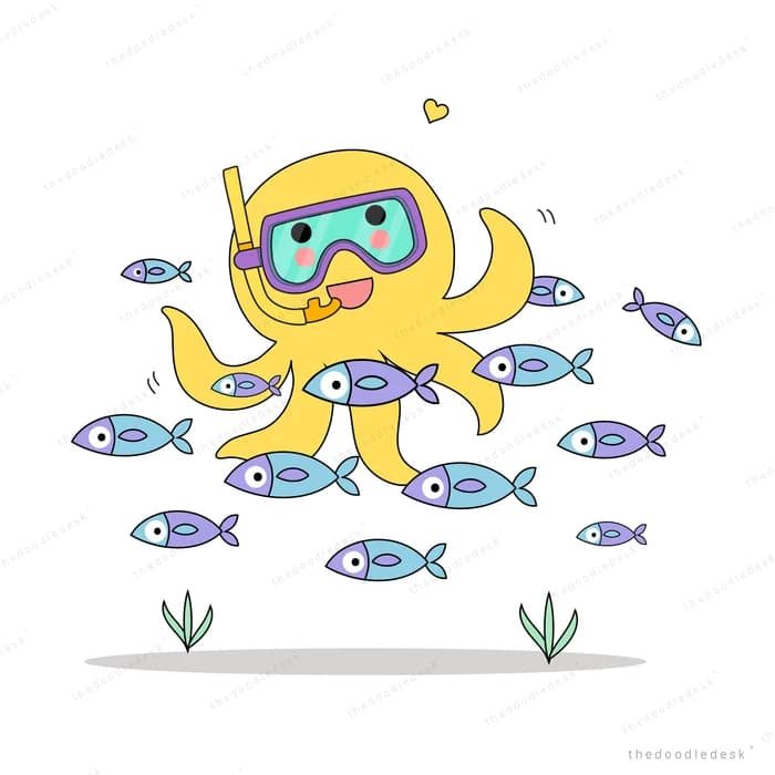 Octopus in goggles swimming among small fish