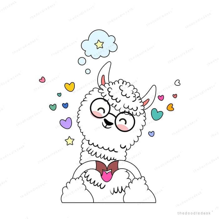 Llama in glasses with a thought bubble and hearts