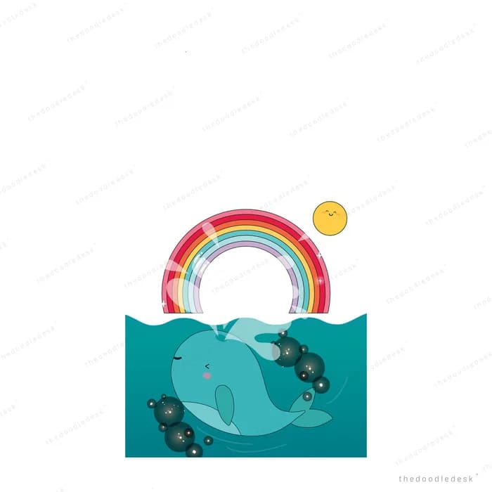 Whale under a rainbow arc in teal water