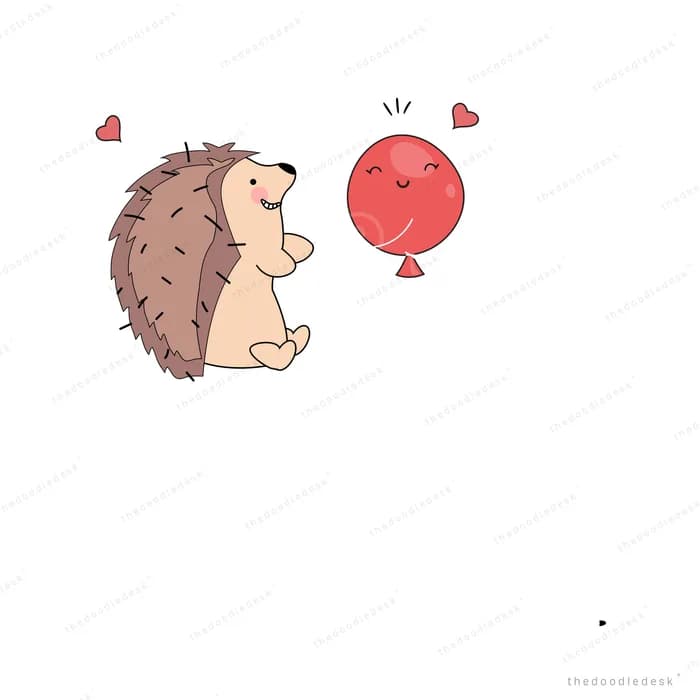 Hedgehog beside a red balloon with a face