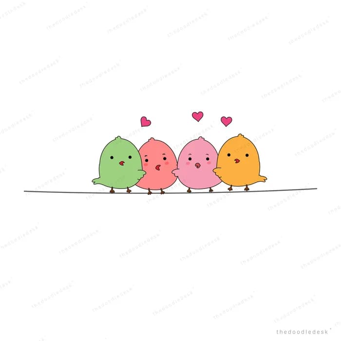 Row of four colourful chicks on a wire with hearts
