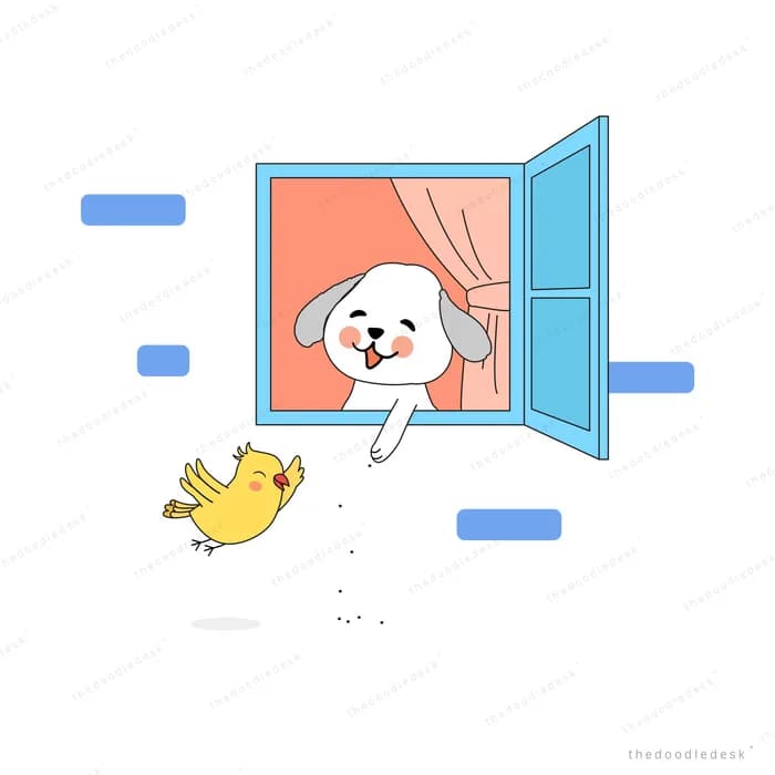 Dog leaping through an open blue window toward a bird