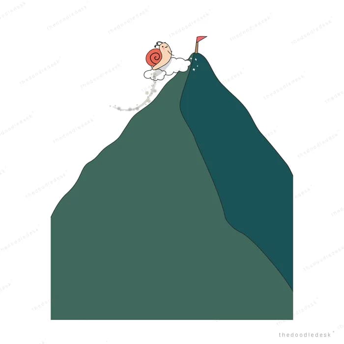 Snail reaching the summit of a dark green mountain