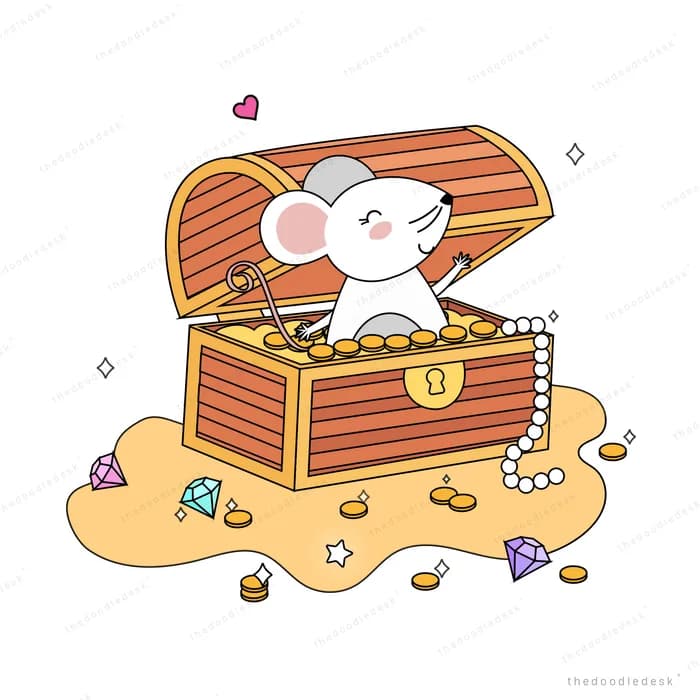Mouse sitting inside an open treasure chest of coins