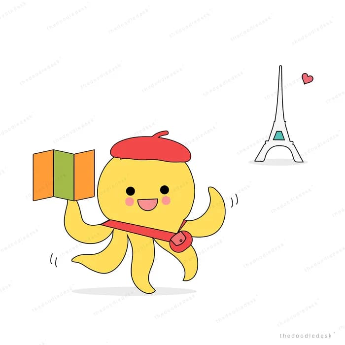 Octopus in a beret holding a telescope by the Eiffel tower