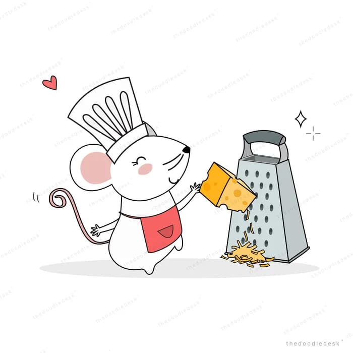 Chef mouse grating cheese beside a grater
