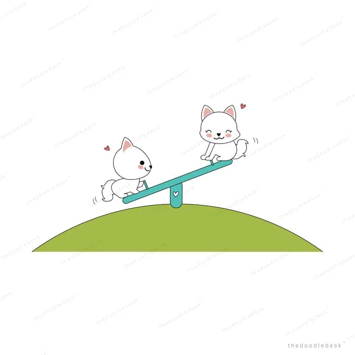Two cats balancing on a seesaw on a green hill