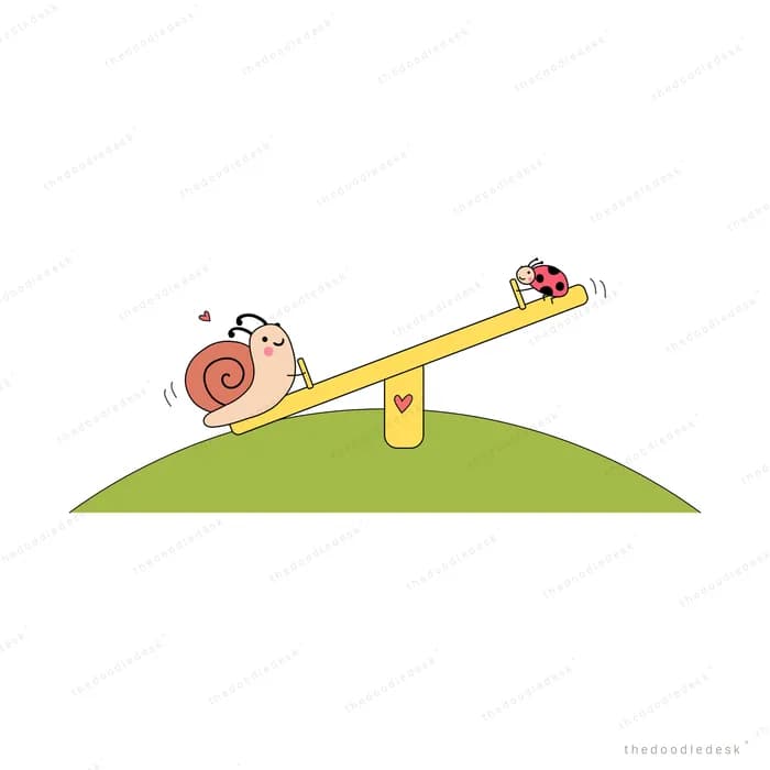 Snail balancing alone on a seesaw on a hill