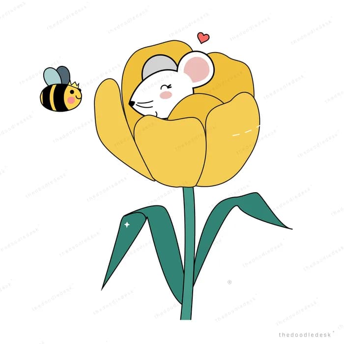 Mouse nestled inside a yellow tulip with a bee