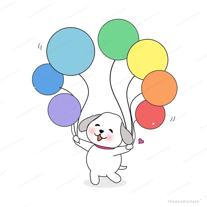 Dog lifted by a bunch of colourful balloons