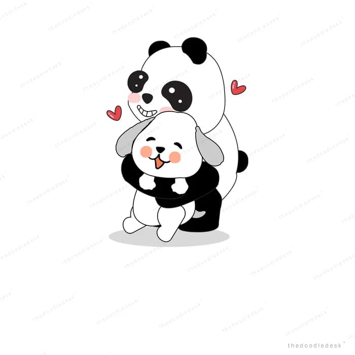 Panda hugging a small white dog with hearts
