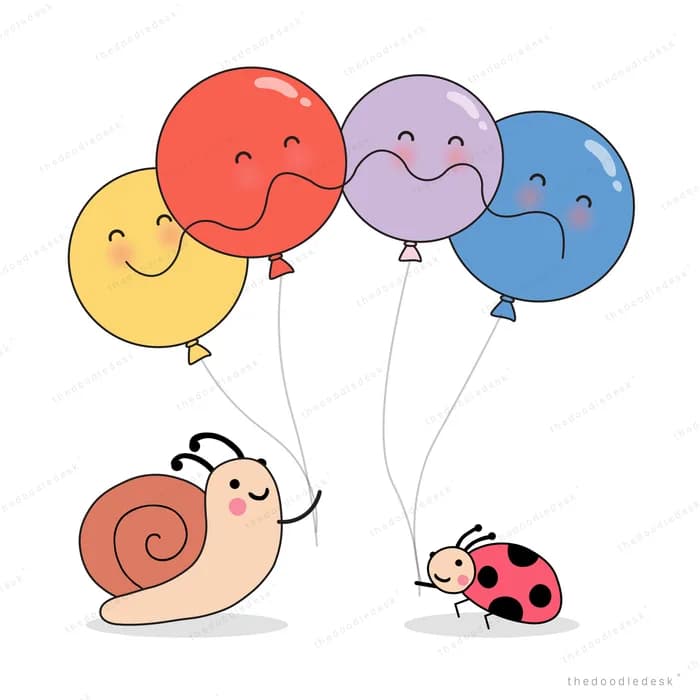 Snail and ladybug holding balloons with faces