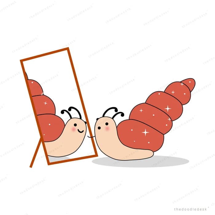 Two snails beside a leaning mirror