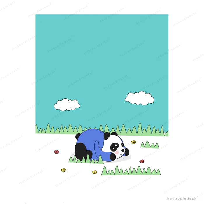 Panda lying in grass under a wide blue sky