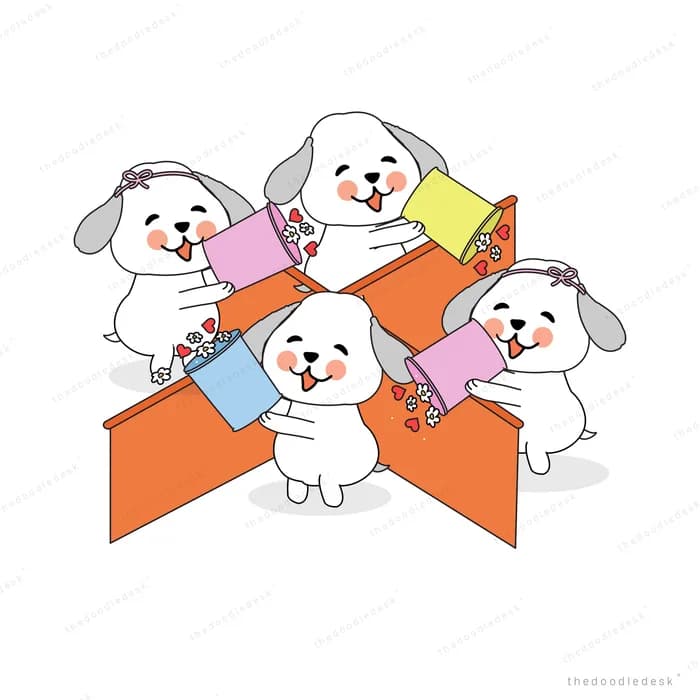 Four dogs seated around an orange star shape