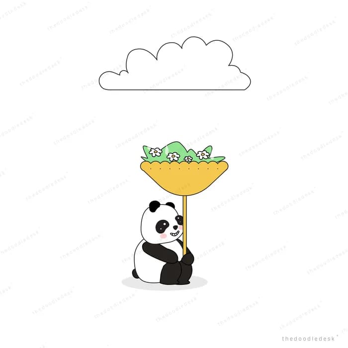 Panda holding up a tray of plants under a cloud