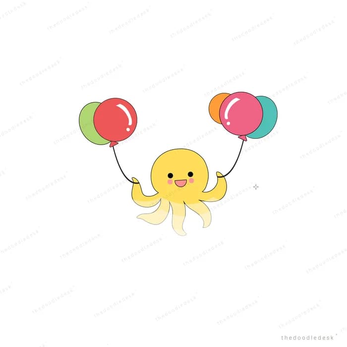 Octopus holding two colourful balloons
