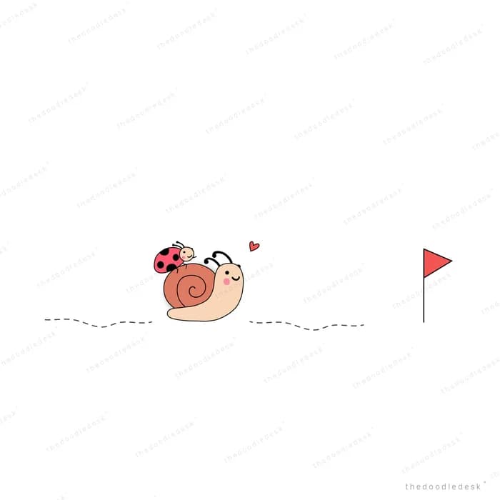 Snail crossing a dotted line toward a red flag