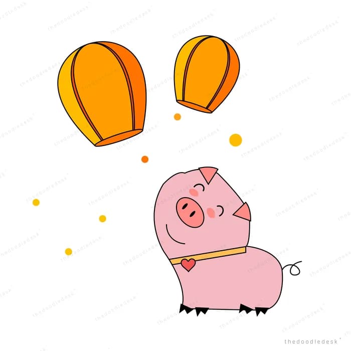 Pig standing under two large falling leaves