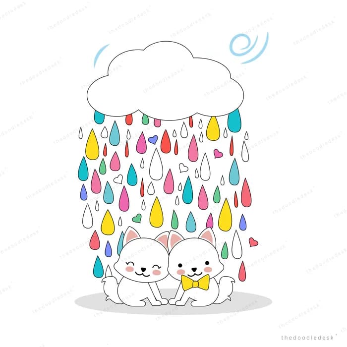 Cats sheltering under a cloud of colourful raindrops