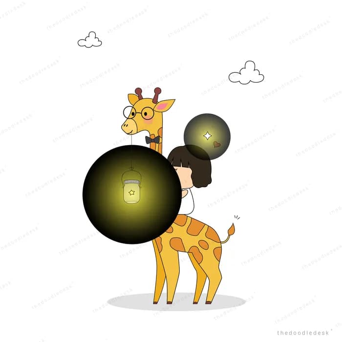 Giraffe reaching toward glowing orbs at night